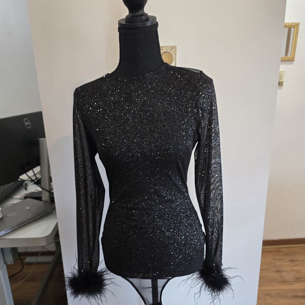 Black Feathered Sleeve Sparkly Top